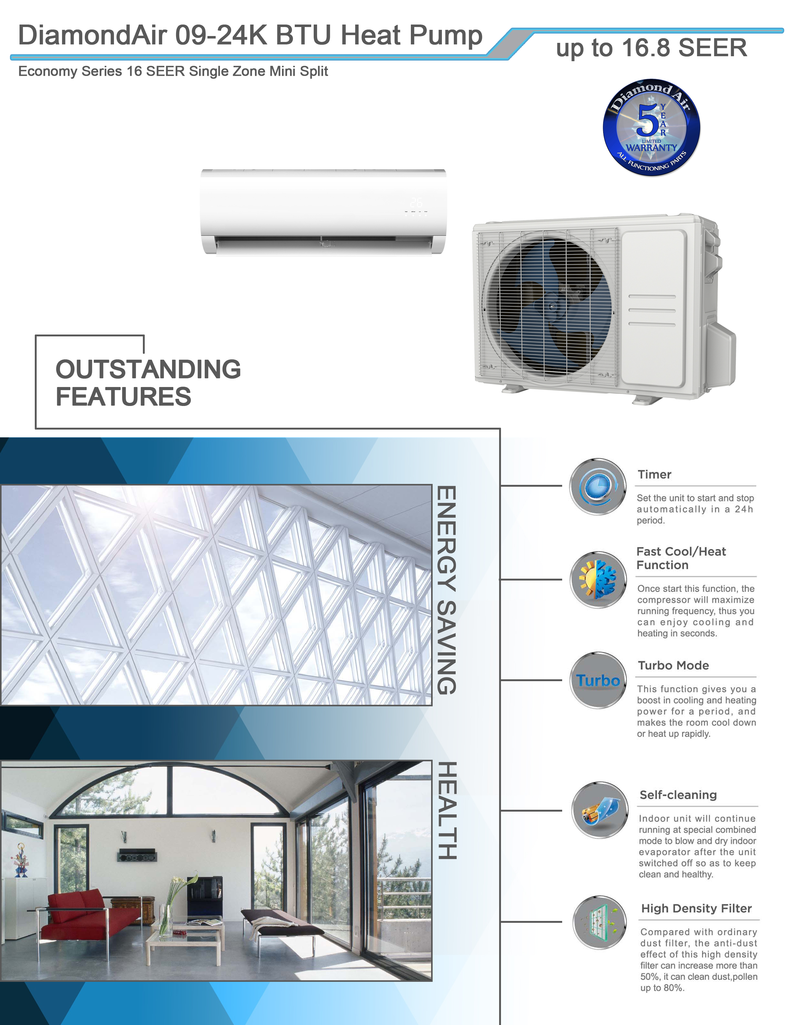 Mini Split 24,000 BTU DiamondAir 16.7 SEER2 Heat Pump System D1624HMSOF, D1624HMSIF